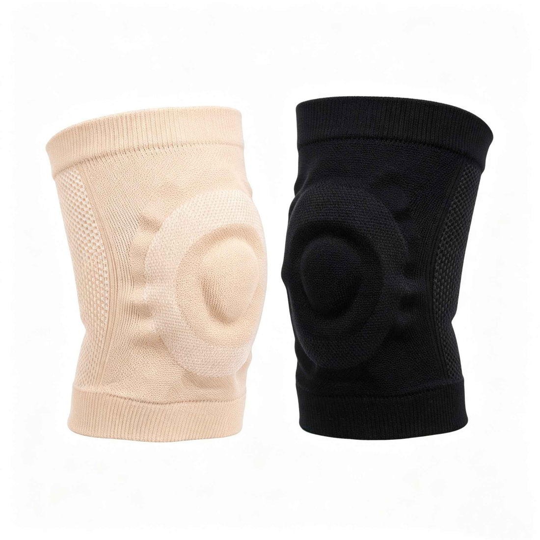Beige silicone padded knee sleeves worn on both knees

