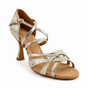Silver metallic cheetah-print salsa dance heel with ankle strap and flared heel

