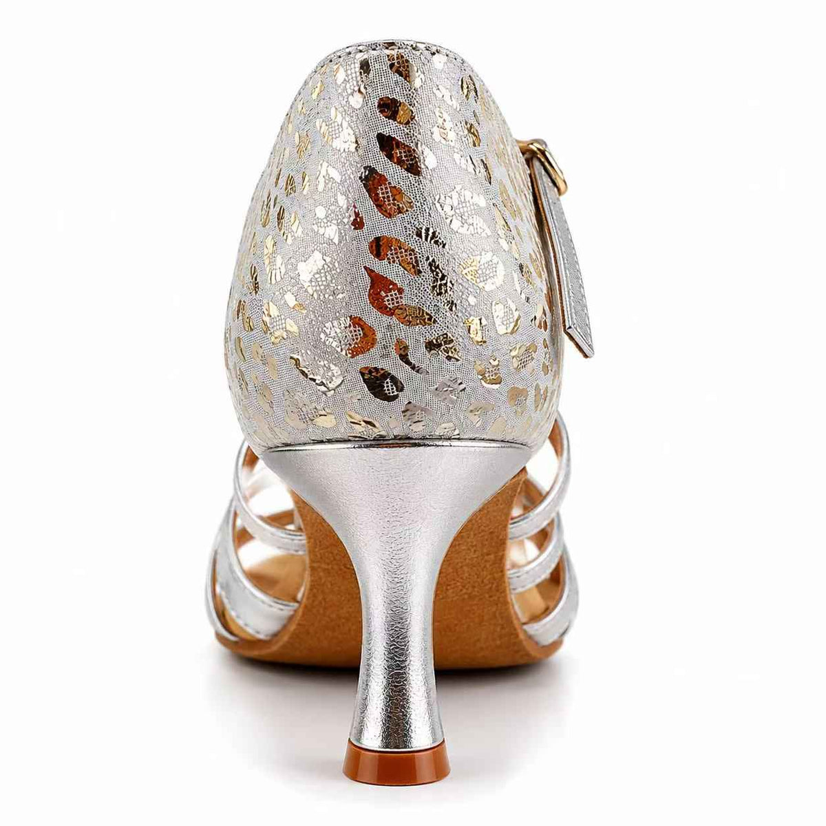 Close-up rear view of silver cheetah-print salsa dance heel with flared heel

