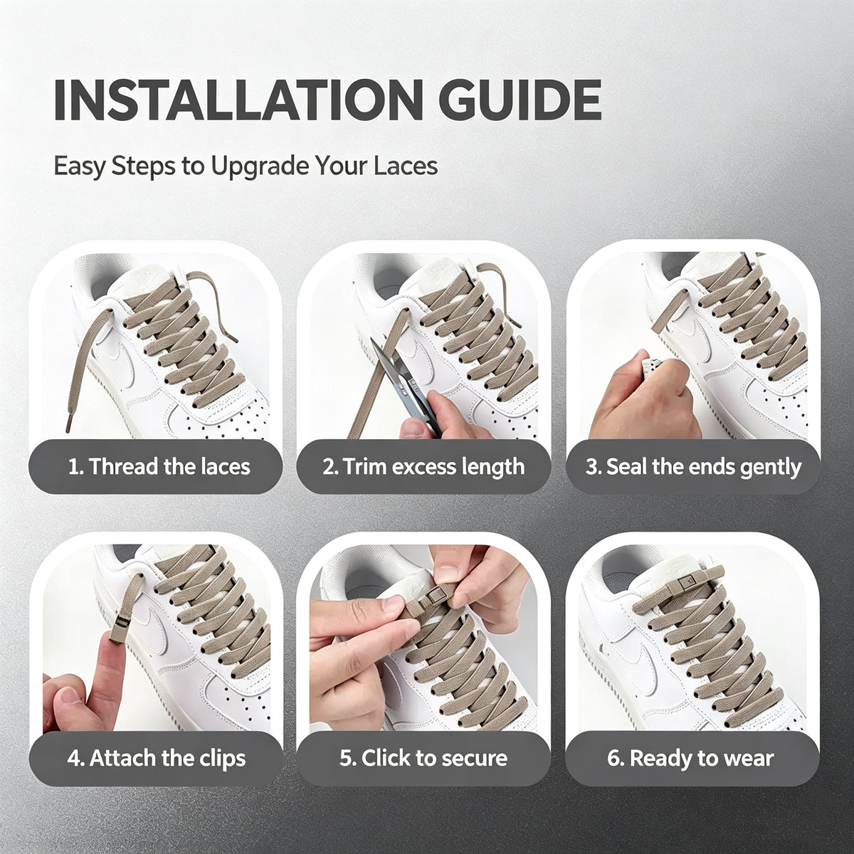 Installation guide showing elastic shoelaces threaded, trimmed, sealed and secured on a sneaker

