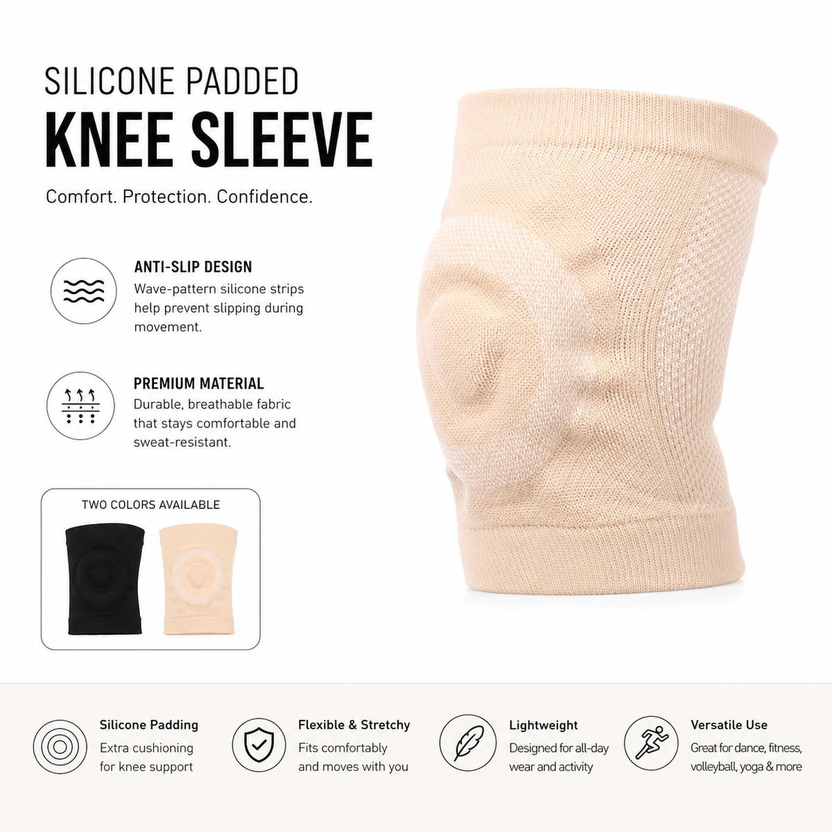 Silicone padded knee sleeve showing anti-slip strips, breathable fabric and contoured padding

