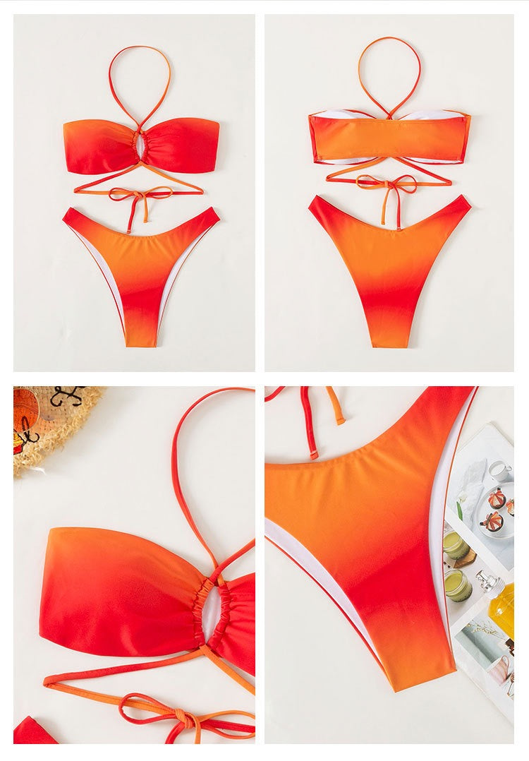 Orange gradient bikini set shown with close-up product details
