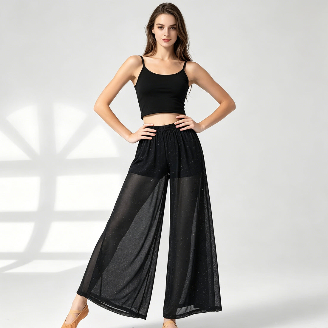 Shimmering Wide-Leg Sheer Dance Pants | Glitter Mesh Trousers