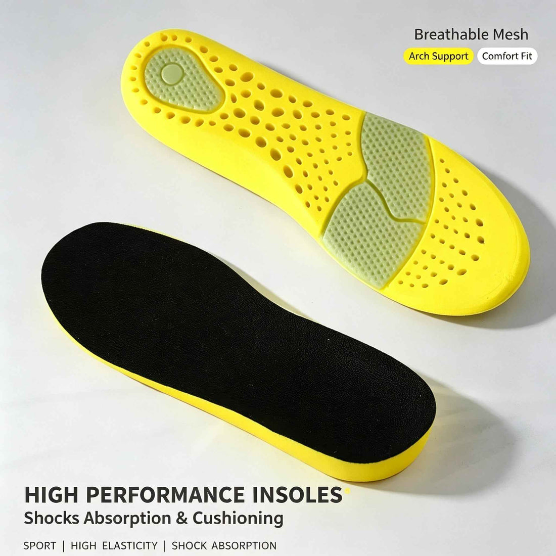 Yellow shock-absorbing insoles with breathable perforations and cushioned heel and forefoot pads

