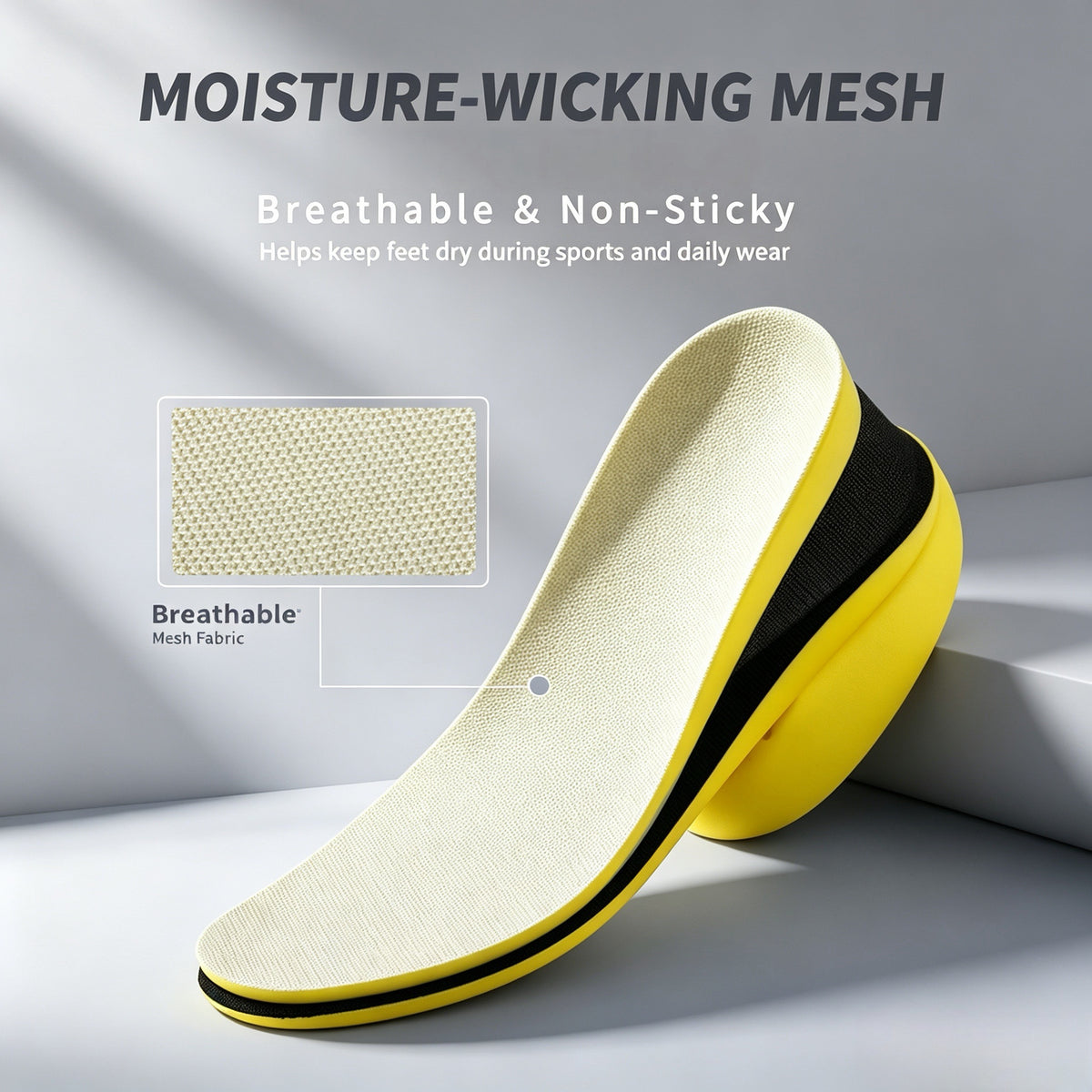 Layered yellow insole with breathable mesh surface and black cushioning layer

