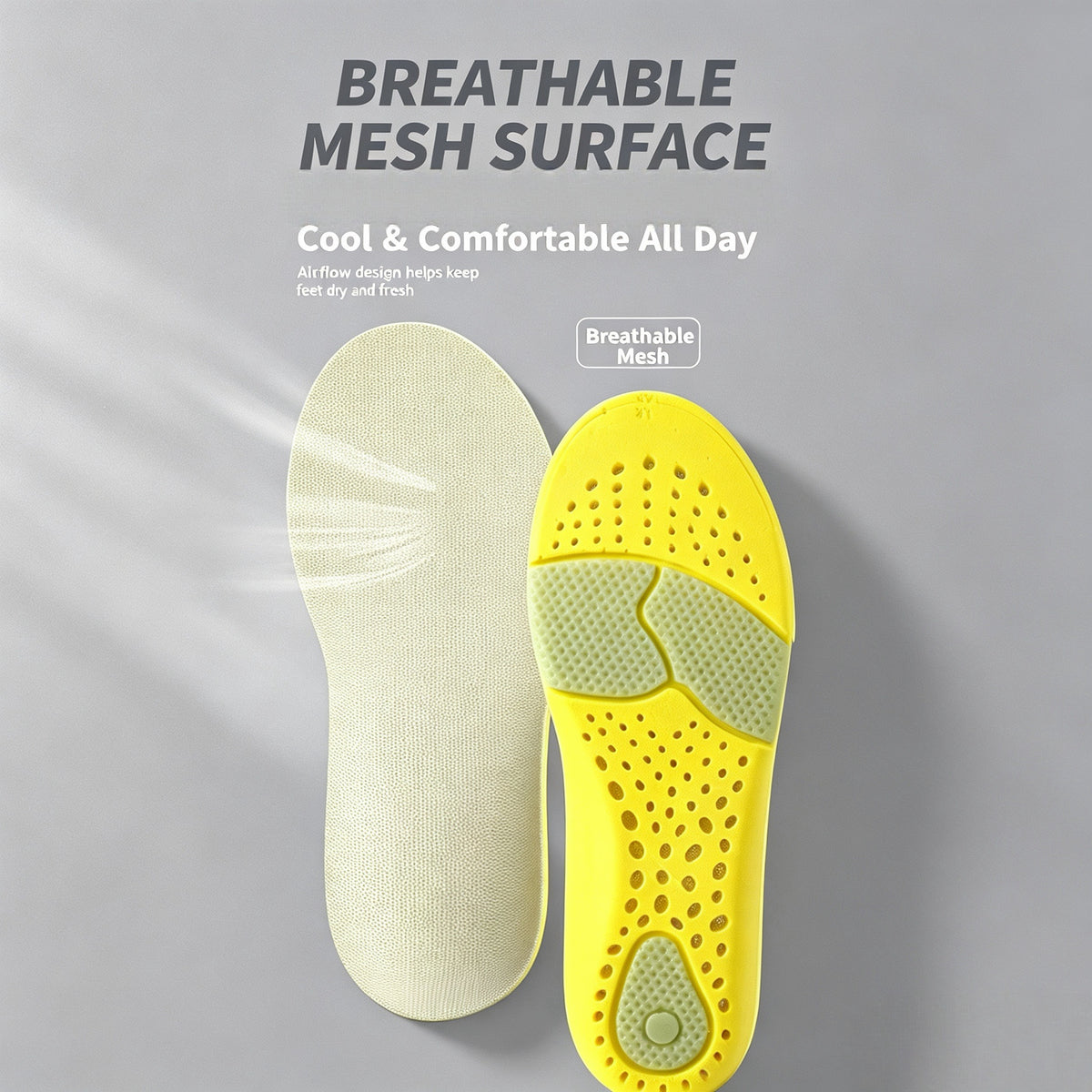 Yellow perforated insole beside its breathable mesh underside

