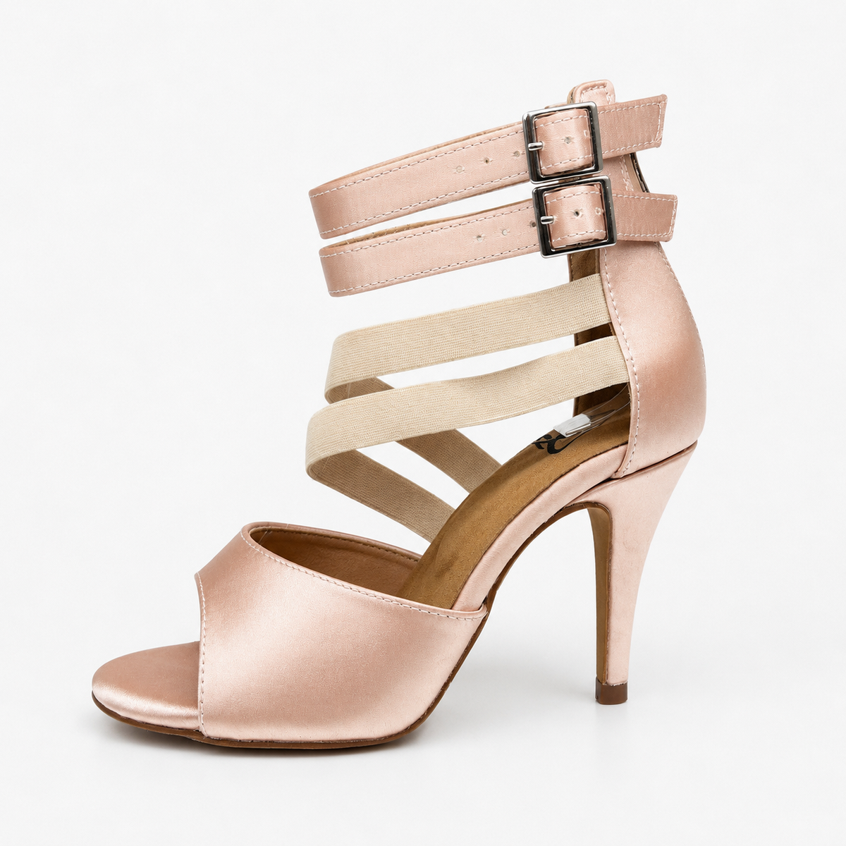 Beige open-toe dance heels with memory-form padding.

