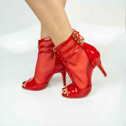 Vixen Glossy Lace-Up Open Toe Ankle Stiletto Dance Shoes Booties (Red)