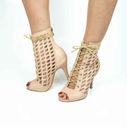 Aveline Beige Open Toe Laceup Bootie Dance Shoes for Women