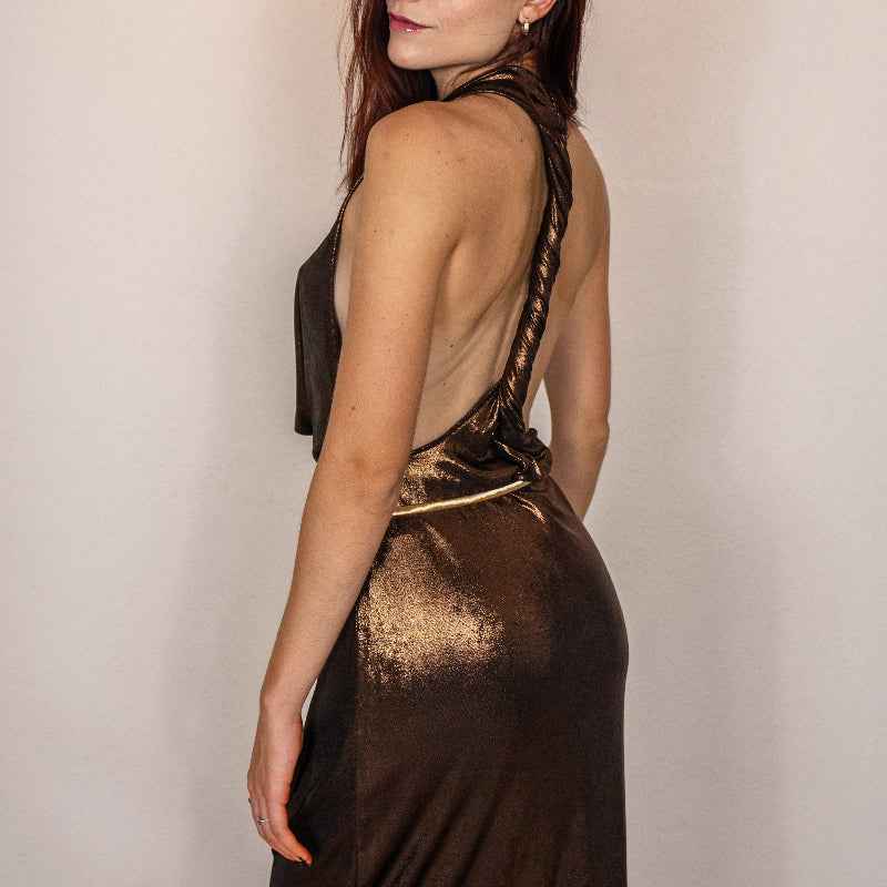 Dark Gold Evening Dress with Open Back