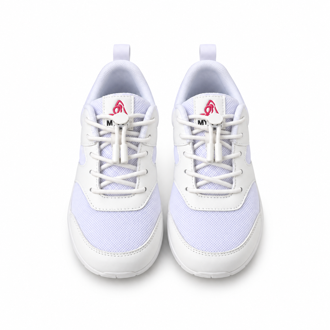 A pair of white athletic sneakers with white mesh panels and white laces, photographed on a seamless white background. The brand logo 'TOD' is visible on the tongue, and a small silver logo is on the heel.