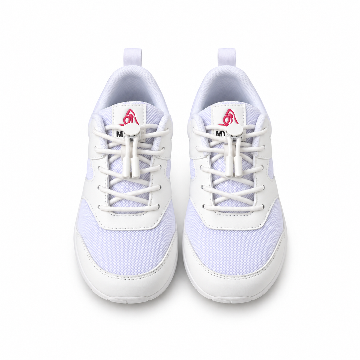 A pair of white athletic sneakers with white laces and a small red logo on the tongue, shown from a top-down view on a white background.