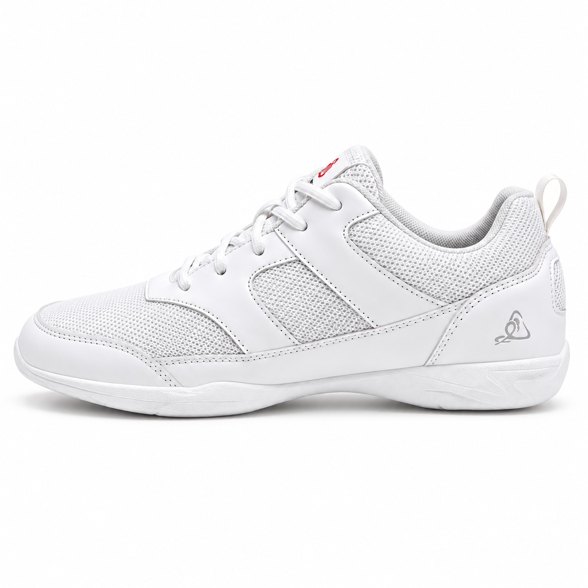 A white low-top sneaker shown from the side against a plain white background.