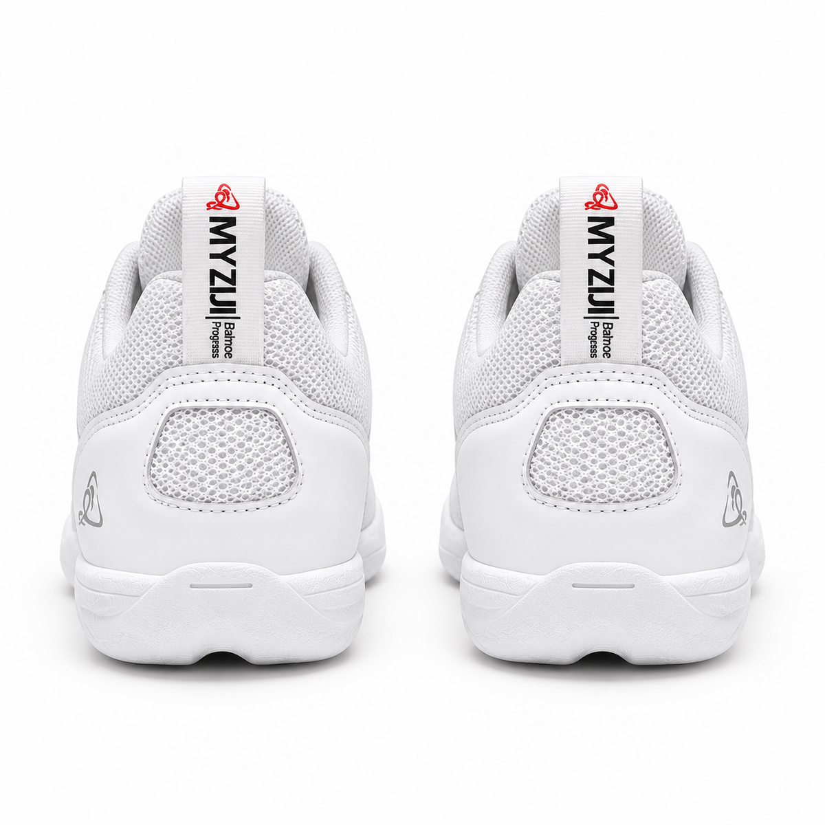 White athletic sneakers shown from the back, featuring white mesh uppers, white midsoles, and white heel pull tabs with the brand name 'MYZU' printed vertically.