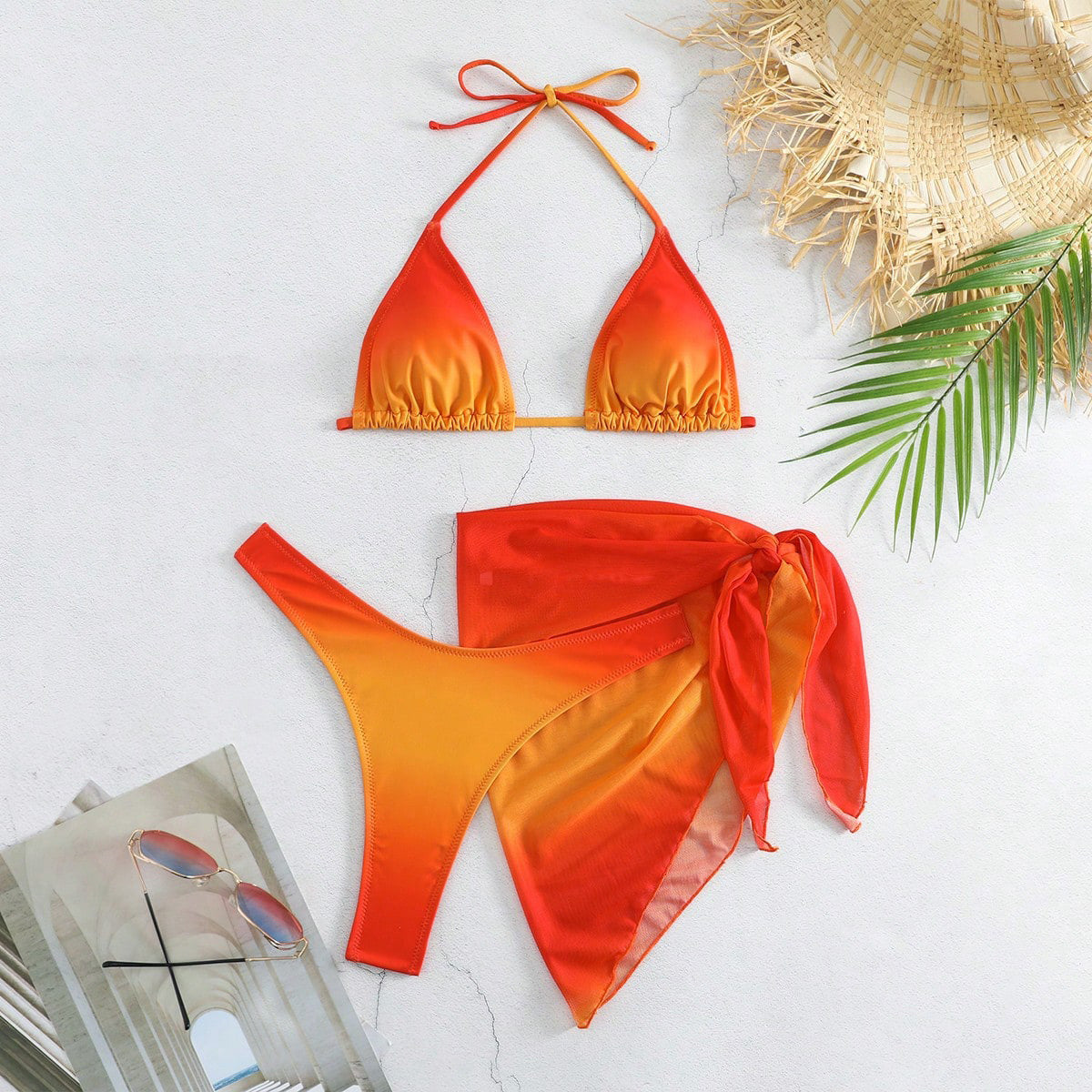 Ombre 3-Piece Bikini Set | Halter Tie Swimsuit with Mesh Sarong - MYZIJI
