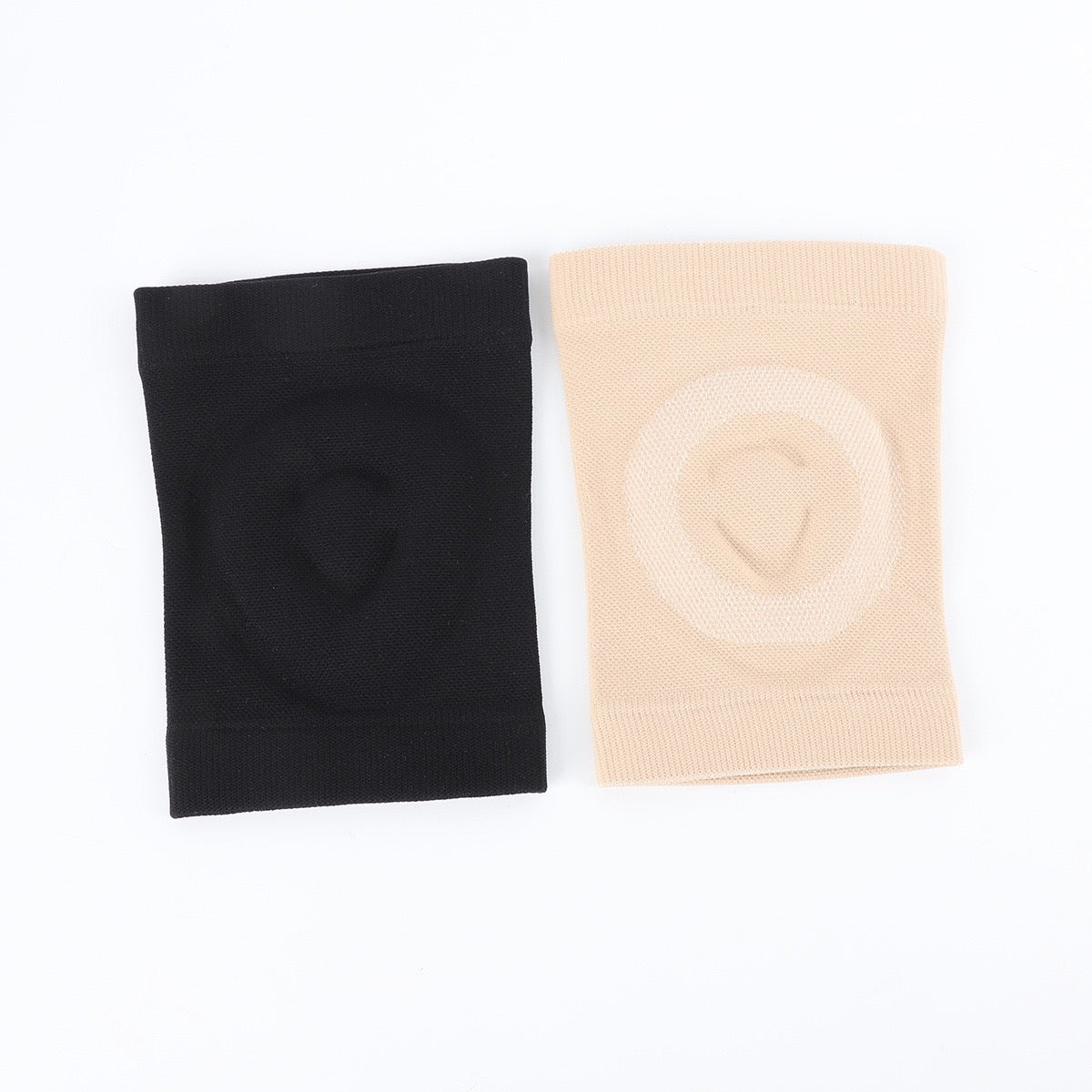 Black and beige silicone padded knee sleeves with contoured knee pads

