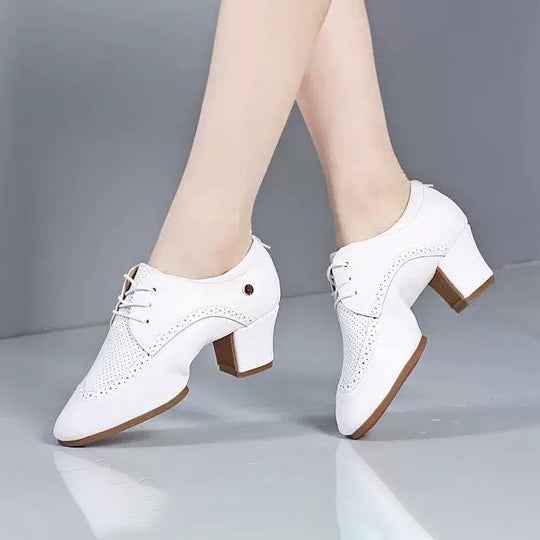 LaLa Land White Cuban Heel Dance Shoes with Suede Sole