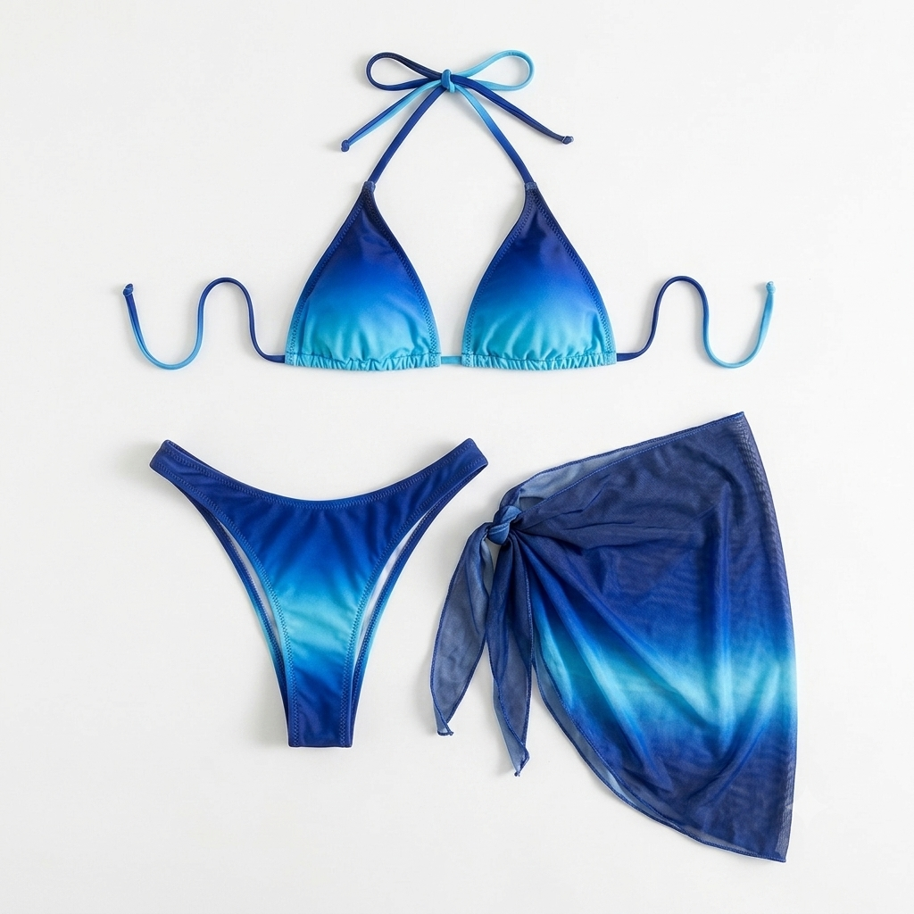 Ombre 3-Piece Bikini Set | Halter Tie Swimsuit with Mesh Sarong - MYZIJI