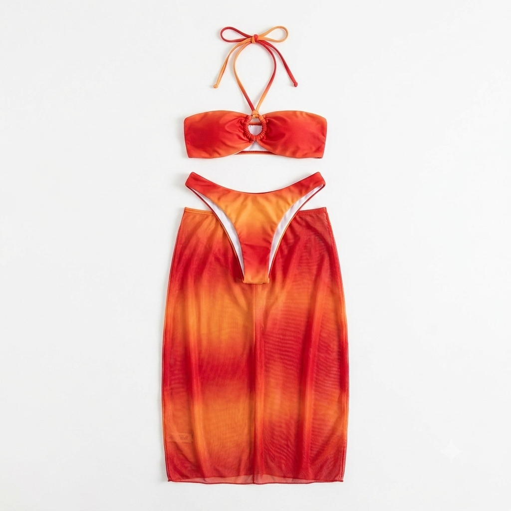 Orange and yellow gradient 3-piece bikini set with halter top, bikini bottoms and mesh skirt

