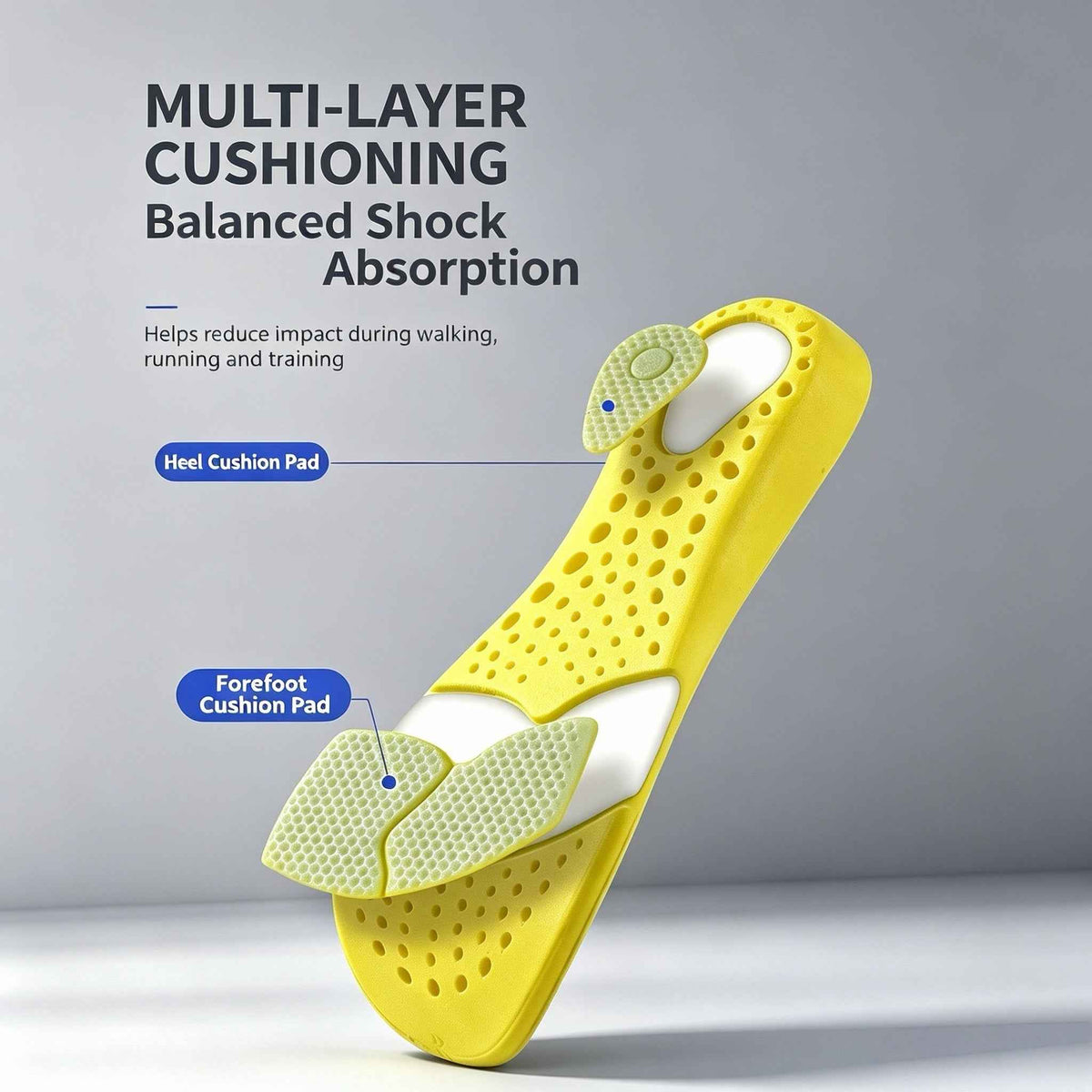 Yellow insole showing separate heel and forefoot cushioning pads

