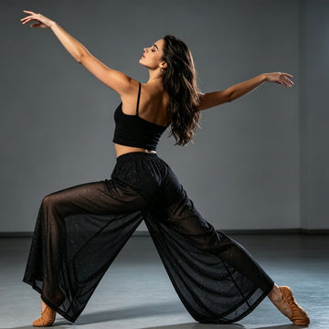 Shimmering Wide-Leg Sheer Dance Pants | Glitter Mesh Trousers