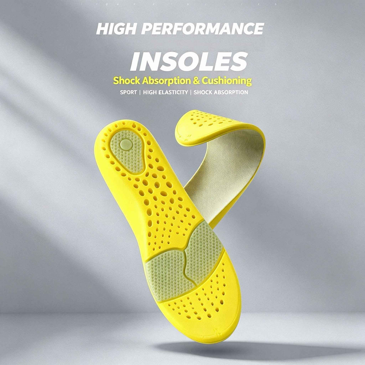 Flexible yellow shock-absorbing insole shown curved to display its cushioned mesh surface

