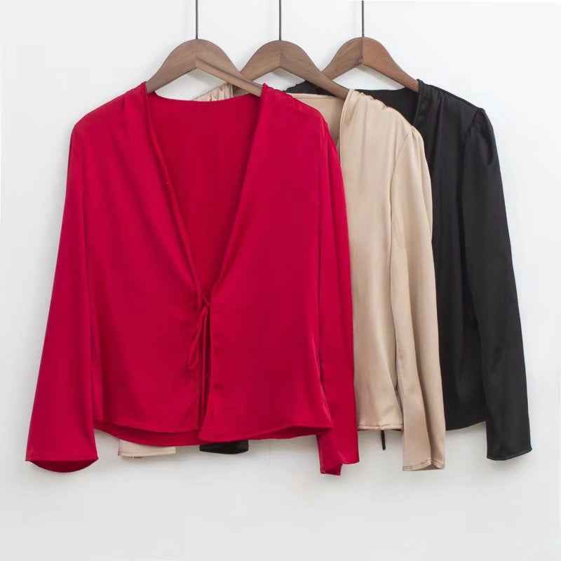 Front Tie Satin Blouse