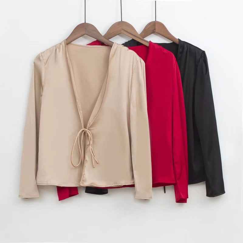 Front Tie Satin Blouse