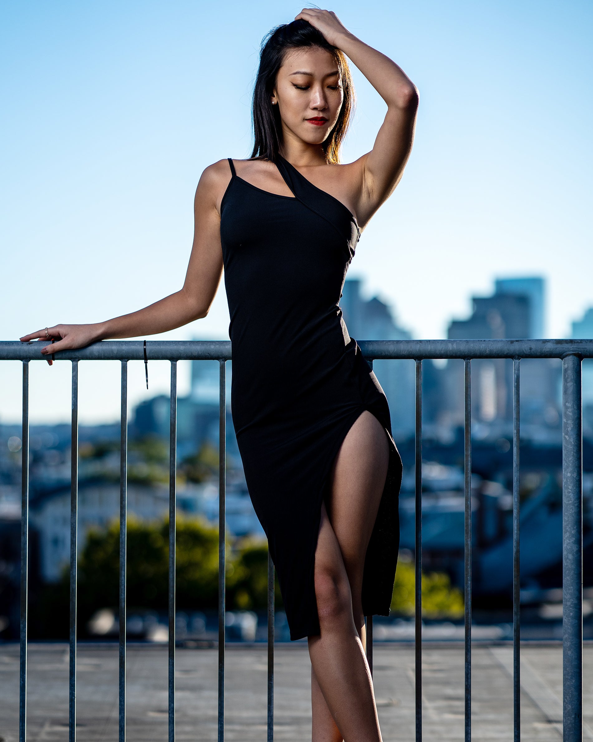 Asymmetrical One-Shoulder Black Dress with High Slit MYZIJI Asymmetrical One-Shoulder Black Dress with High Slit MYZIJI