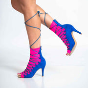 Eva Fuchsia Open Toe Lace Up Heels Stiletto Sock Bootie Dance Shoes