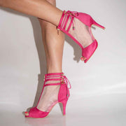 Vixen Lace-Up Ankle Stiletto Dance Open Toe Booties (Fuchsia)