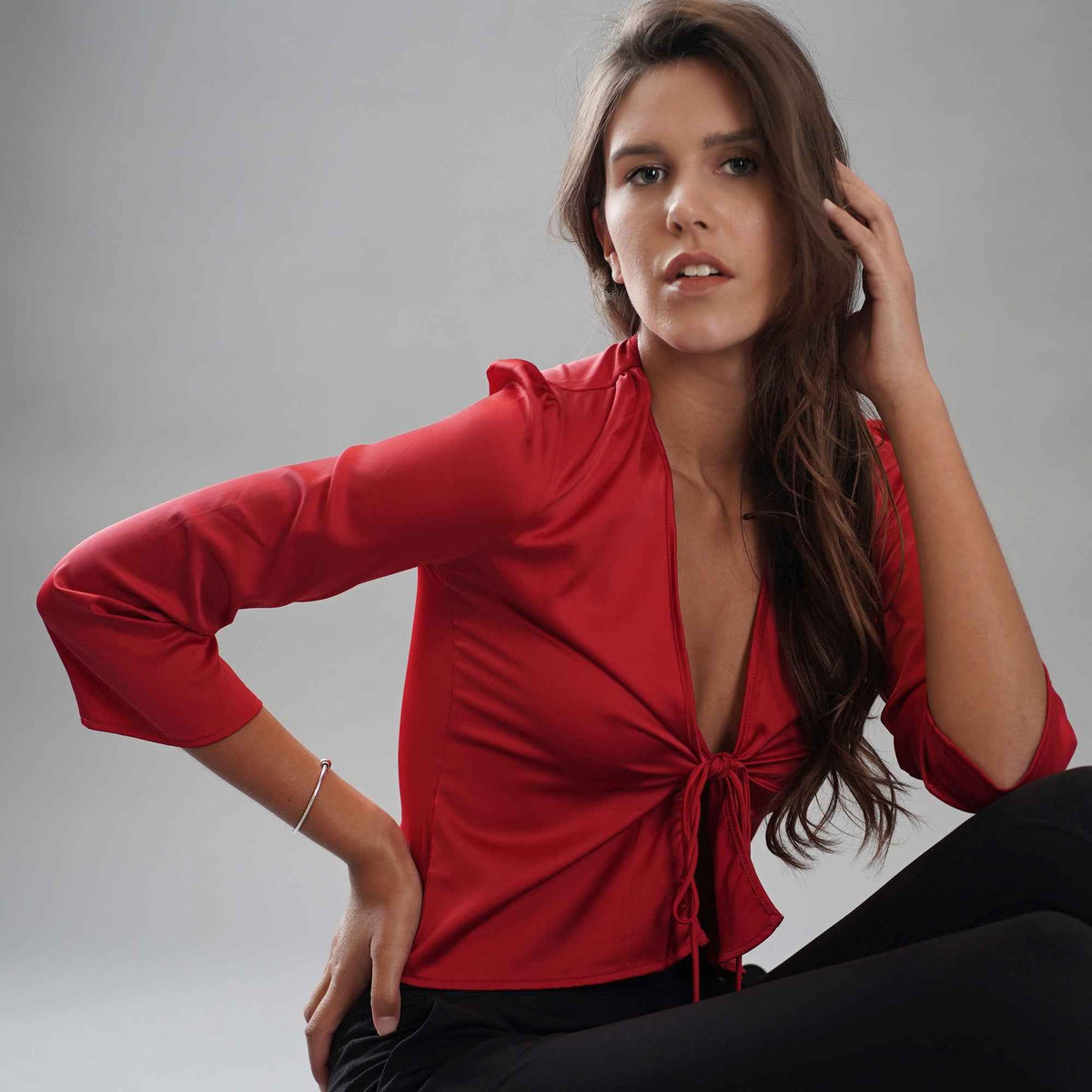 Front Tie Satin Blouse