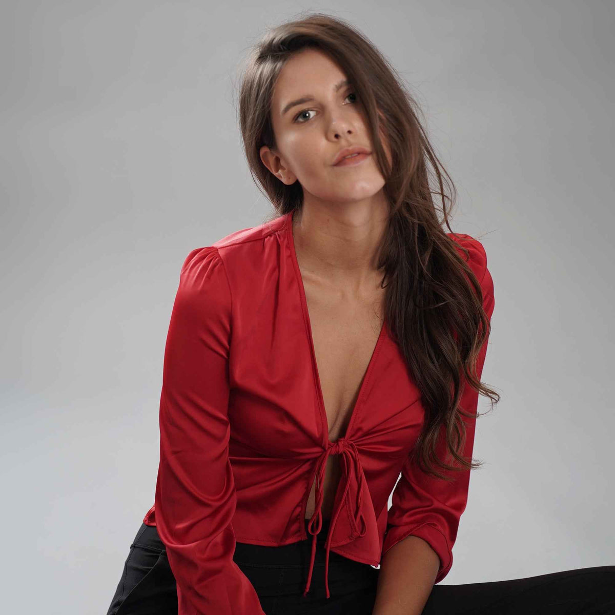 Front Tie Satin Blouse
