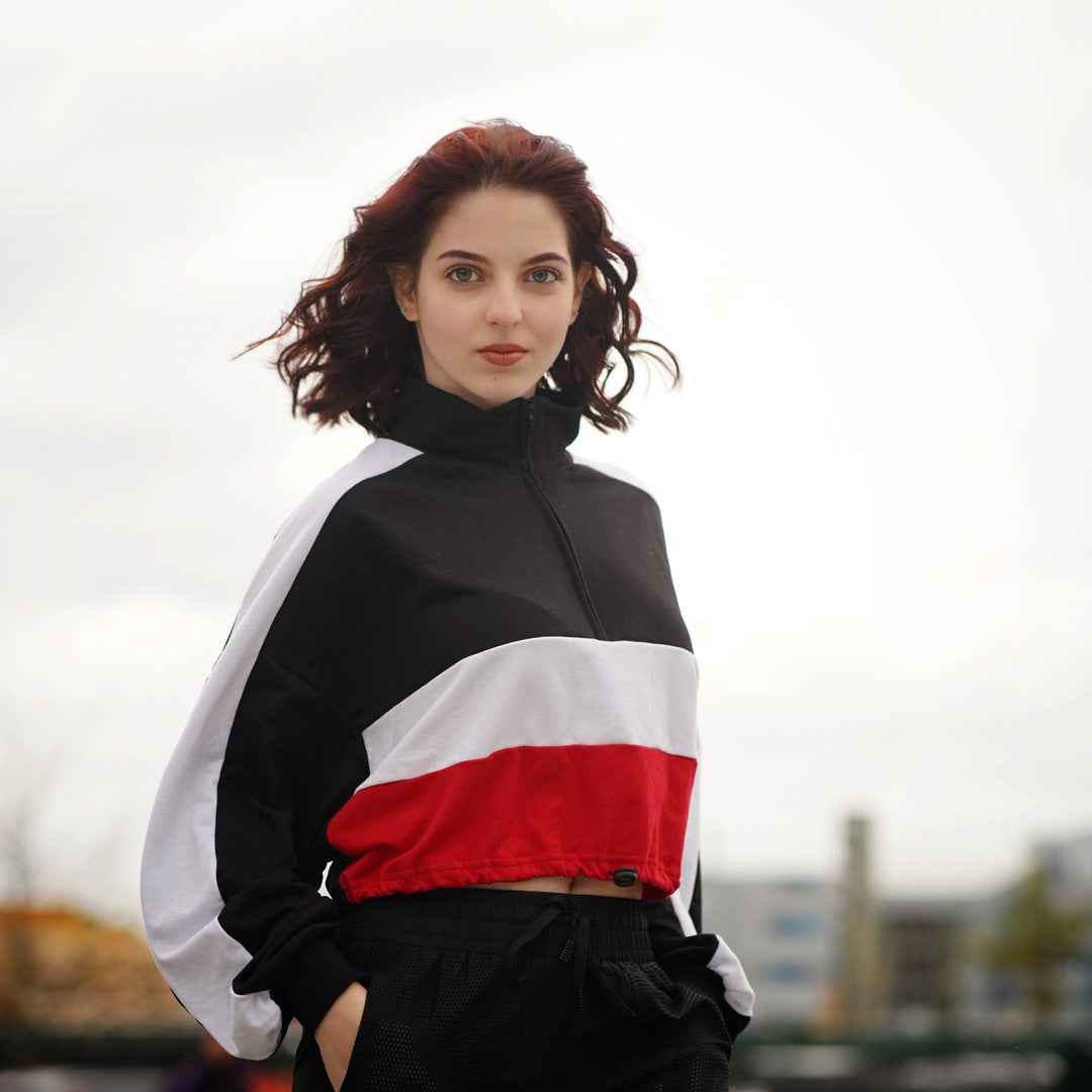 Over Sized Zip Collar Stripe Sweatshirt
