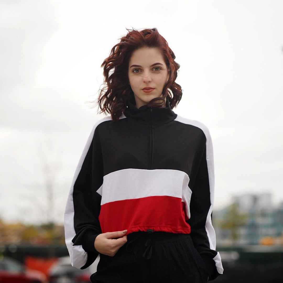 Over Sized Zip Collar Stripe Sweatshirt