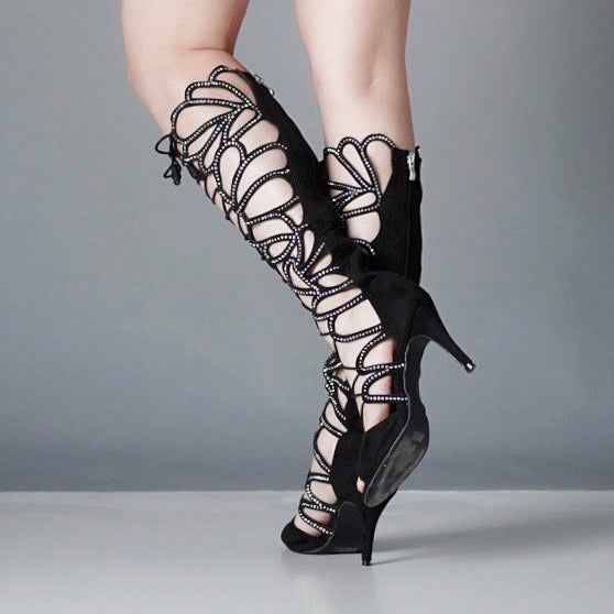 Drama Queen Laceup Rhinestone Boots （Black）
