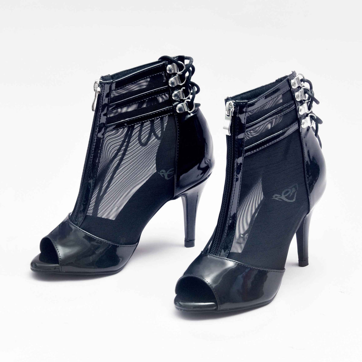 Vixen Glossy Lace-Up Open Toe Ankle Stiletto Dance Booties (Black)